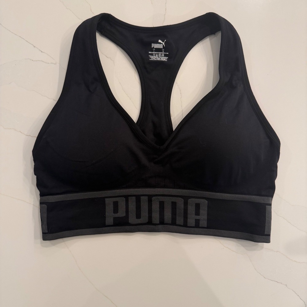 Puma‎ Women's Black Racerback Sports Bra Athletic Support Size L Removable Pads